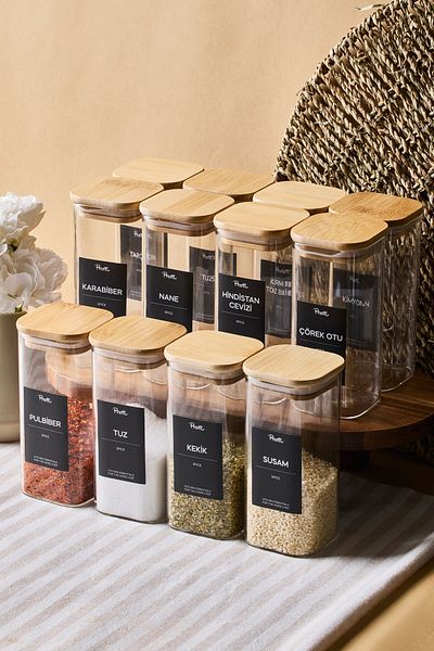 Perotti Gildo 12 Li Bamboo Lid Borosilicate Glass Spice Rack 400 ml 13X6 cm 30 Tags Gift