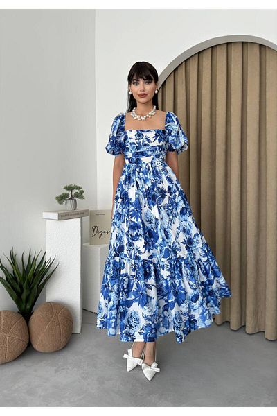 LİNEBUTİK Balloon Sleeve Floral Printed Maxi Length New Season Dress