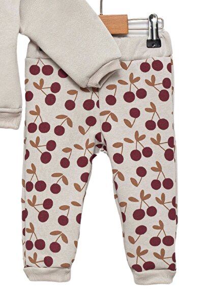Divonette Baby Girl Crew Neck Cherry Patterned Gray Top and Bottom Set - Baby Clothing