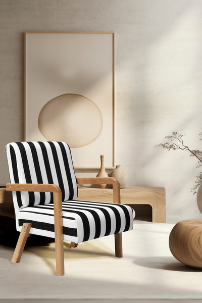 Zem Bahama Bohem Ahşap Berjer, Siyah/Beyaz Çizgili