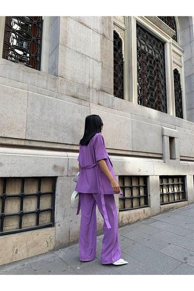 Kokosh moda Short Sleeve Binding Detailed Jacket-Pant Suit - Purple