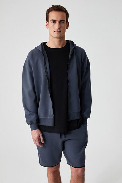 GRIMELANGE Ralf Men's Hooded Long Sleeve Print Detailed Zippered Oversize Anthracite Jacket
