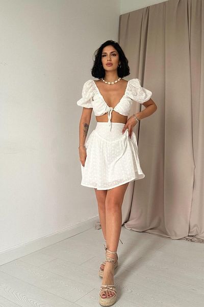 passense Ecru Brode Crop and Mini Skirt Set