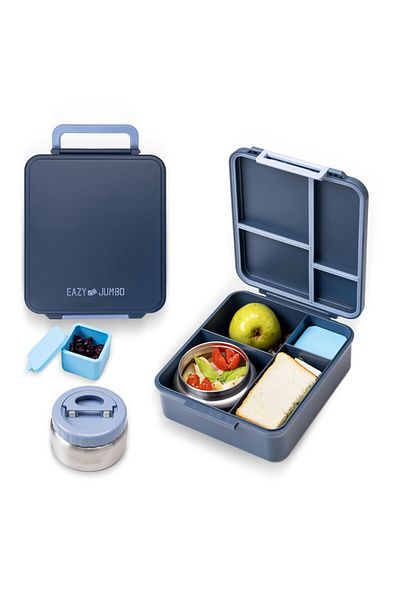 Eazy Kids Jumbo Bento Lunch Box w/ Lunch Bag and Thermos & Dip Jar- Grey