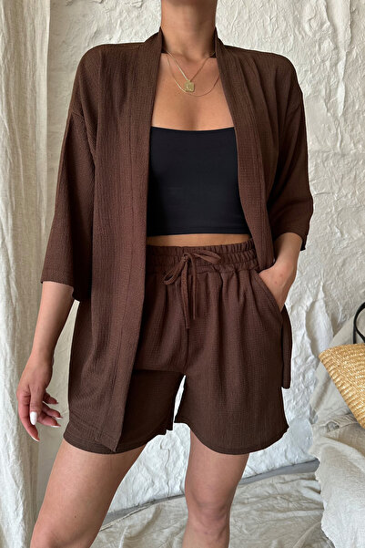 Know Women's Brown Kimono Shirt Shorts Top and Bottom Set
