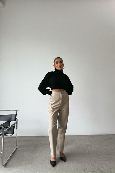 Kokosh moda Δερμάτινο Παντελόνι - Πέτρινο Στυλ με Κομμάτι Γόνατο