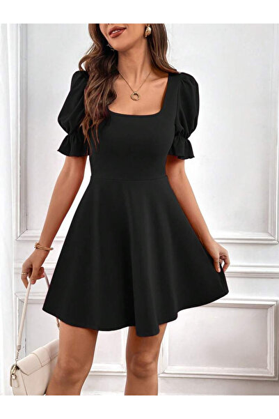 JANES Women's Short Sleeve Square Neck Kiloş Imported Crepe Dress