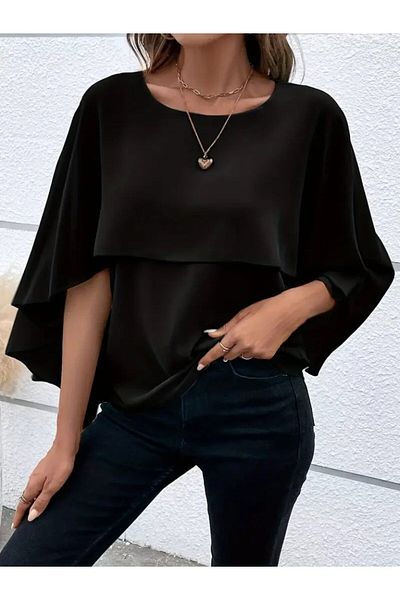 Moda Asmira Women's Asymmetrical Cape Sleeves Round Neck Loose Sandy Blouse