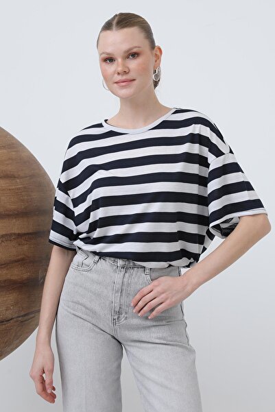 Loreen Γυναικείο μπλουζάκι με ριγέ λαιμόκοψη - 20642TSH - ECRU-NAVY