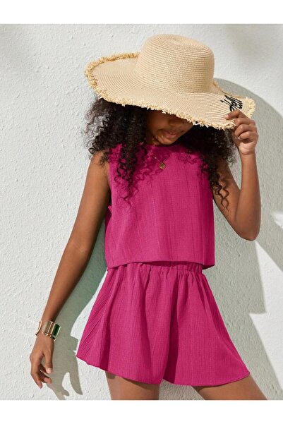 LOUİSA Lány fukszia színű, ráncos szövet alsó-felső szett