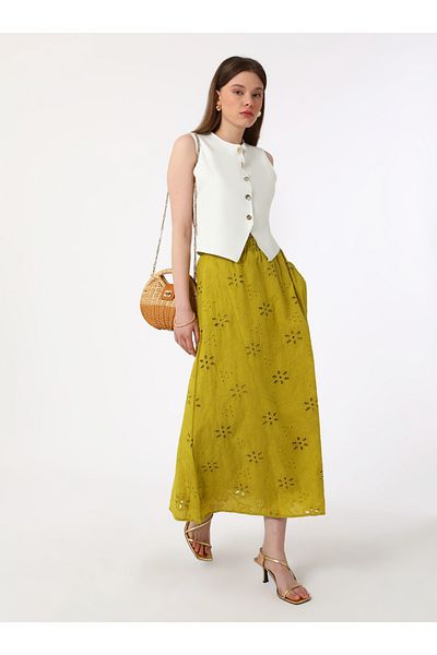 Refka Fusta elegantă cu broderie în scoici cu talie elastică - verde ulei - Refka