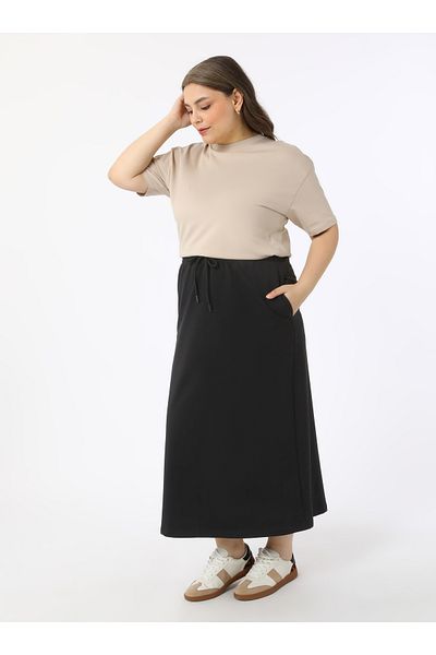 ALİA Large Size Elastic Waist Knitted Skirt - Black - Alia