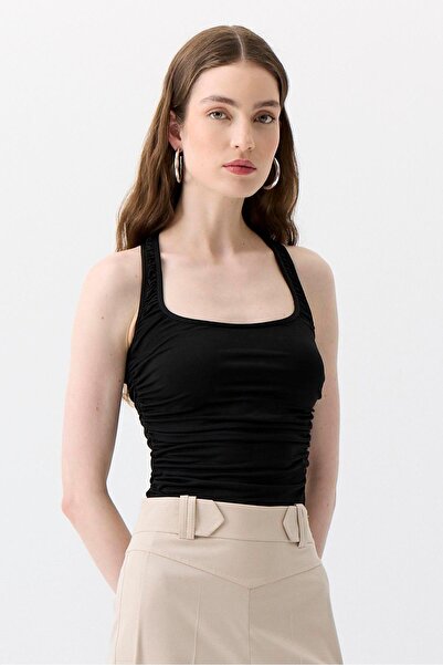 rue Yan Büzgülü Streç Siyah Bluz