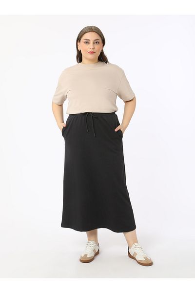 ALİA Large Size Elastic Waist Knitted Skirt - Black - Alia