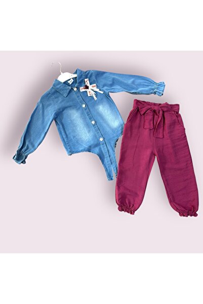 mini trends Kız çocuğu takımı kot gömlek ince keten pantolon
