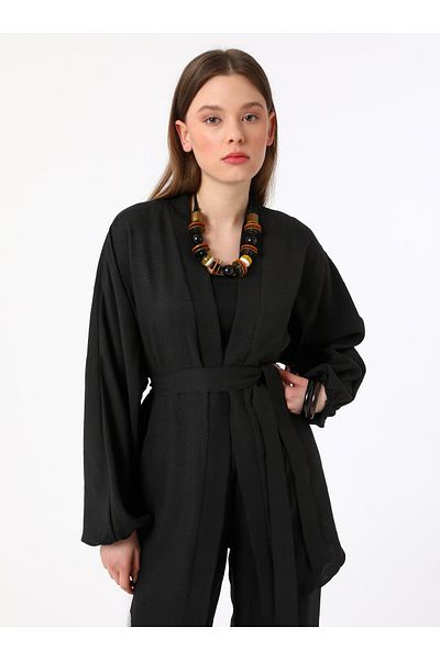 Benin Kimono&Pants Double Set with Belt Detail - Black - Benin