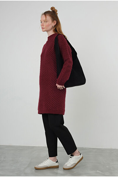 HEQA Örümcek Örgülü Kazak Uzun Bordo