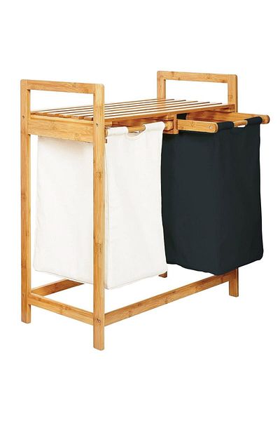 Quasar & Co. Laundry Basket, 2 Compartments And Top Shelf, Bamboo, Black/White