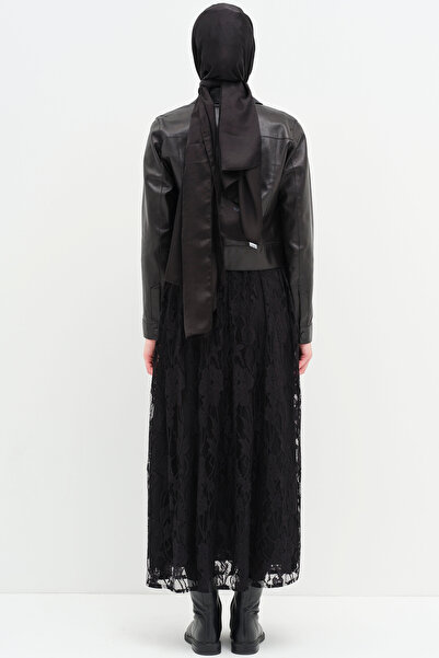 Tuğba Hazır Deri Kemerli Dantel Etek - Siyah