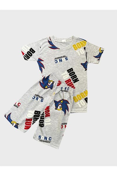ALİŞ KİDS Boys' Cotton Sonic Patterned Gray Short Sleeve Shorts Summer Pajama Set