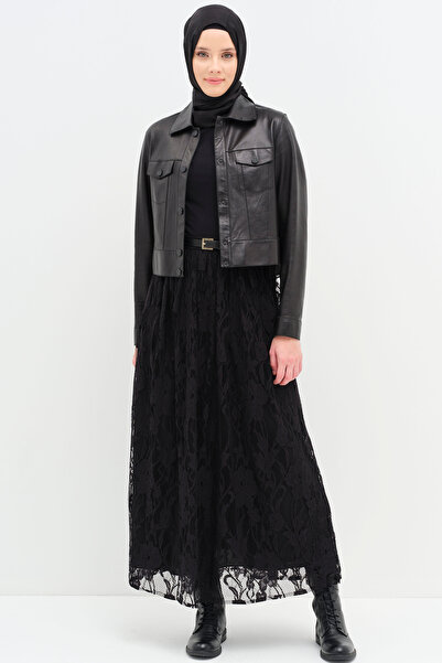 Tuğba Hazır Deri Kemerli Dantel Etek - Siyah