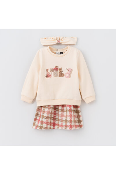 İNDİGO KIZ BEBEK EKRU MEVSİMLİK ELBİSE VE SWEATSHIRT BANDANA SETİ