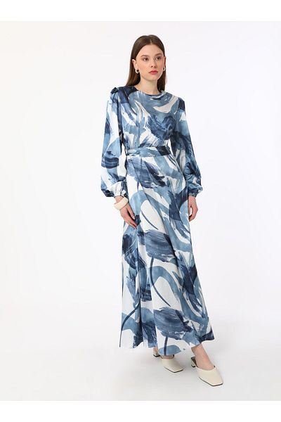 Refka Rochie Hijab din Satin cu Motiv Abstract Albastru - Refka