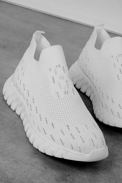 Lal Shoes & Bags حذاء كاجوال نسائي من Bressa مصنوع من نسيج محبوك بتفاصيل حجرية - أبيض
