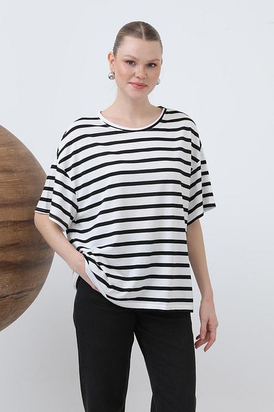 Loreen Women's Crew Neck Striped Tshirt - 20634Tsh - Ecru-Black