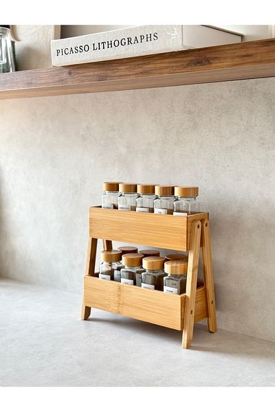 Dekorzdükkan Set of 12 Bamboo Lid Square Jars and Double Tier Bamboo Stand