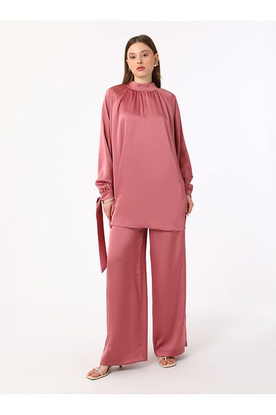 Refka Satin Binding Detailed Tunic&Pants Double Set - Dark Rose - Refka