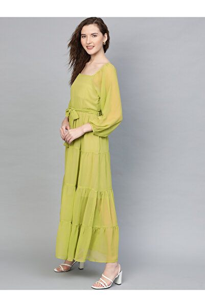 Sassafras By Styli Solid Tiered Square Neck Maxi Dress