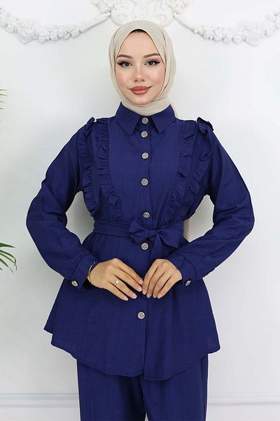 benguen Navy Blue Belted Double Suit Ruffle Tayozunca Details