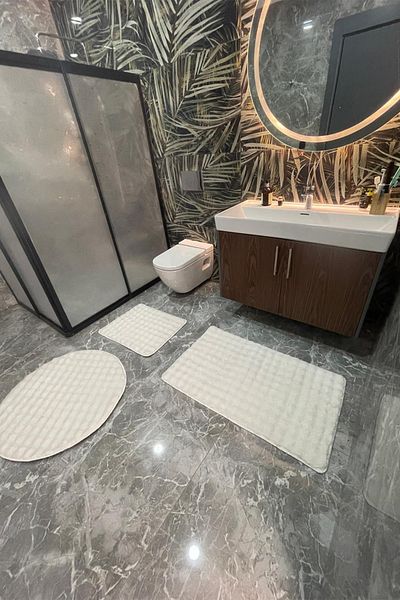 tropikal home Σετ 3 τεμαχίων αντιολισθητική βάση βελούδινη τουαλέτα μπάνιου 60x100 + 50x60 + 80x80 στρογγυλή