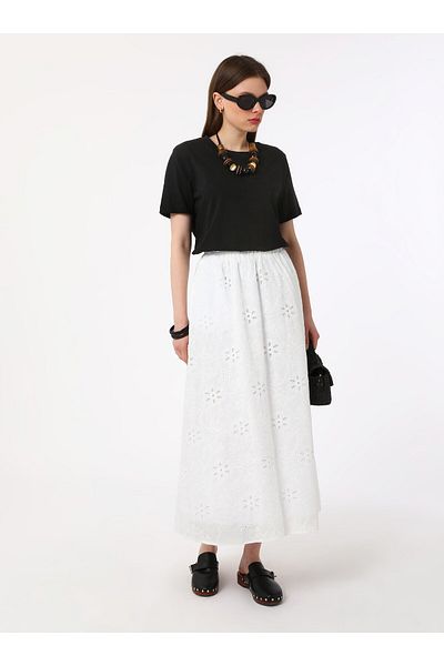 Refka Stylish Skirt with Embroidery Fabric and Elastic Waist - Ecru - Refka