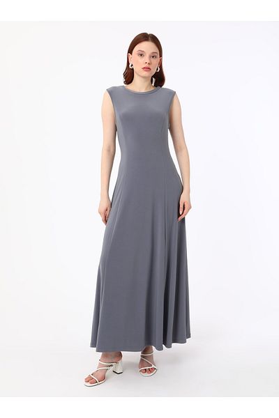 Refka Crew Neck Sleeveless Sandy Fabric Hijab Dress - Anthracite - Refka