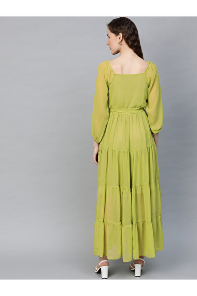 Sassafras By Styli Solid Tiered Square Neck Maxi Dress