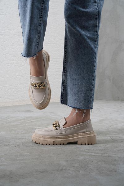 Beyond Μπεζ δερμάτινη χοντρή σόλα Loafer Moccasin - Γυναικεία παπούτσια με αλυσίδα 4,5 cm