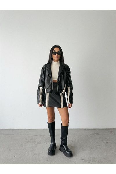 Simala Baklava Leather Crop Jacket with Zipper Accessory Detail - Black