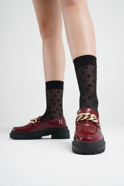 Beyond Kadın Bordo Rugan Zincirli Kalın Taban Loafer Makosen Ayakkabı 4,5cm Byndlfrk02