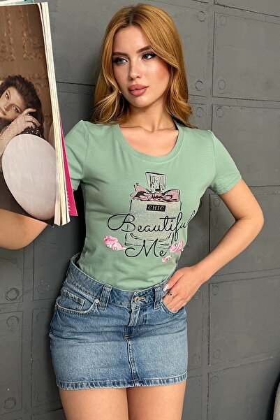 RICH GLAM Perfume Printed Crystal Stone Large Size Short Sleeve Stylish Comfortable Cotton Women's T-Shirt