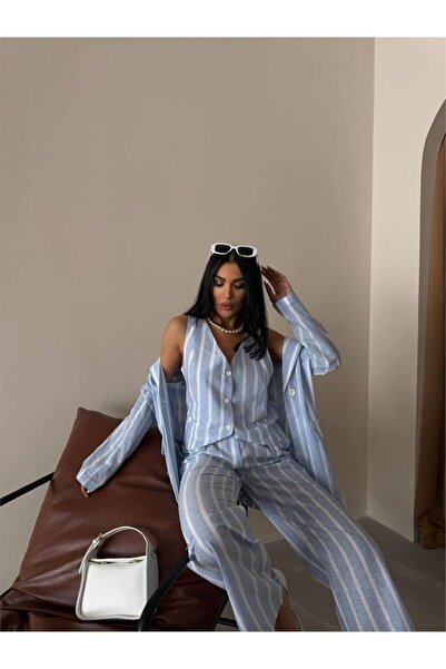 buğrahayalin Striped Jacket Linen - Blue