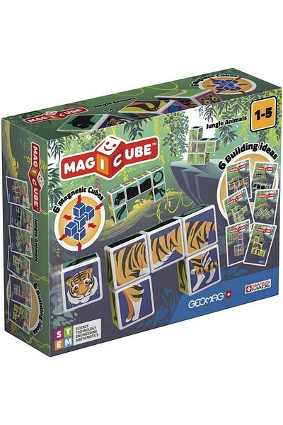 GEOMAG حيوانات الغابة المطبوعة من Magicube + بطاقات، ألعاب مغناطيسية تعليمية وعلوم وهندسة، صنع في سويسرا،