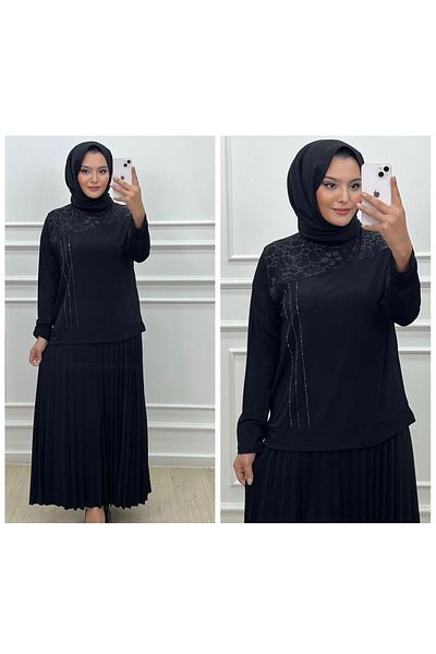 Elele Leather and Stone Detailed Skirt Suit