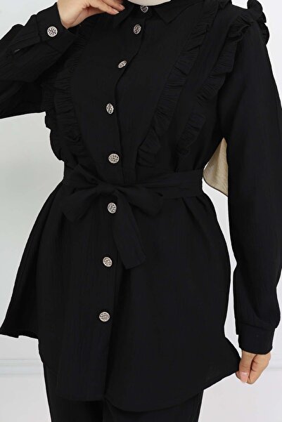 benguen Belted Double Suit - Ruffle Detail Black 4781