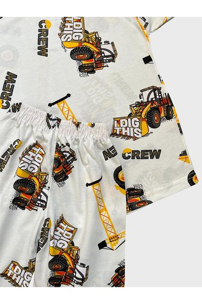 ALİŞ KİDS Boy's Cotton Ecru Work Machine Scoop Patterned Short Sleeve Shorts Summer Pajama Set
