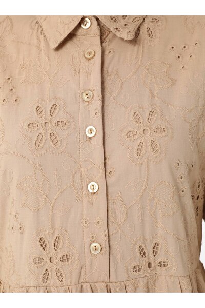 Benin Brode Kumaşlı Tesettür Elbise - Kum Beji- Benin