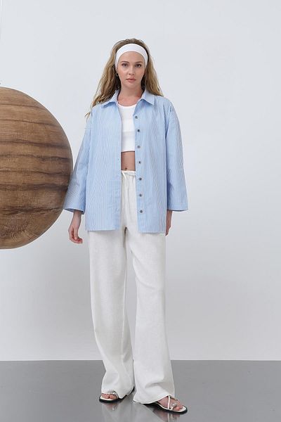 Loreen Cămașă de bază cu mâneci pentru femei - 20655GML - BLUE-ECRU