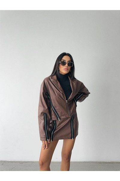 modaserdem Baklava leather crop jacket with zipper accessory detail - brown