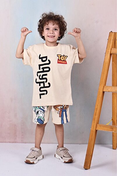 Arya Nisa Kids Boy's Cowboy and Astronaut Printed 100% Cotton T-Shirt Shorts 2 Piece Ecru Bottom Top Set